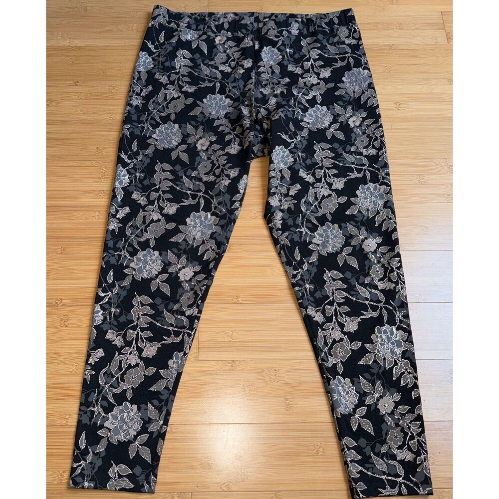Soft Surroundings Metro Leggings XL Black Floral Metallic Silver Knit Pull On